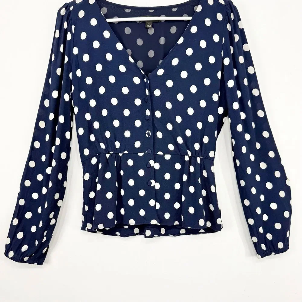 J. Crew Navy Blue White Polka Dot Crepe V Neck Button Front Peplum Blouse